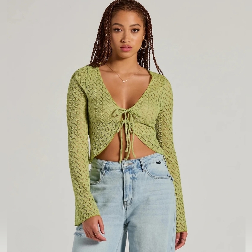 Windsor Cabana Honey Green Tie-front Crochet Crop Top, Fairycore, Y2K, Boho, XL